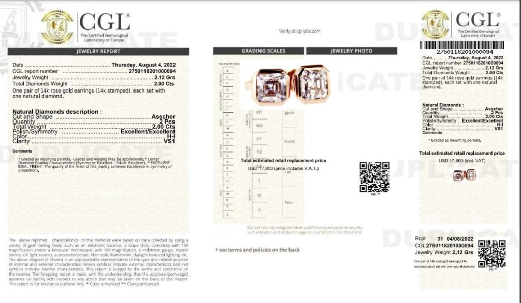 Certified 2.00CT Asscher Cut Diamond Earrings in 14KT Rose Gold