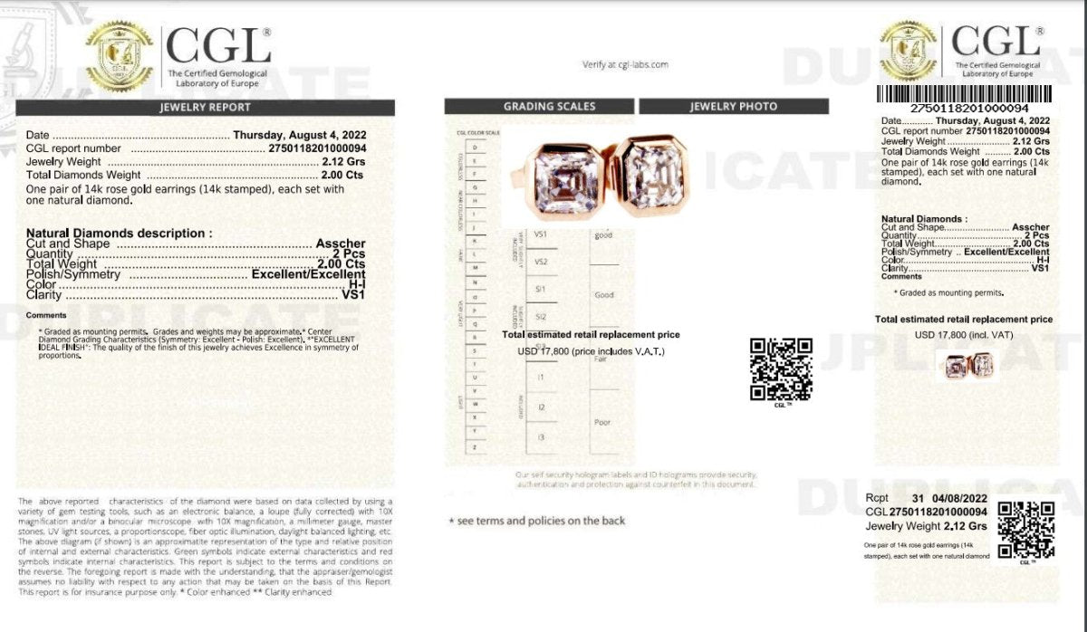 Certified 2.00CT Asscher Cut Diamond Earrings in 14KT Rose Gold