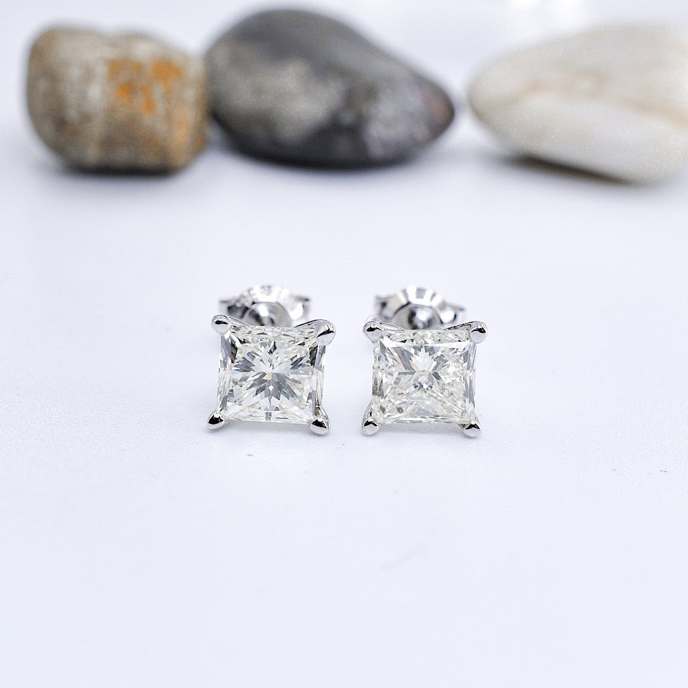 Certified 2.00CT Princess Cut Diamond Stud Earrings in 14KT White Gold - Primestyle.com