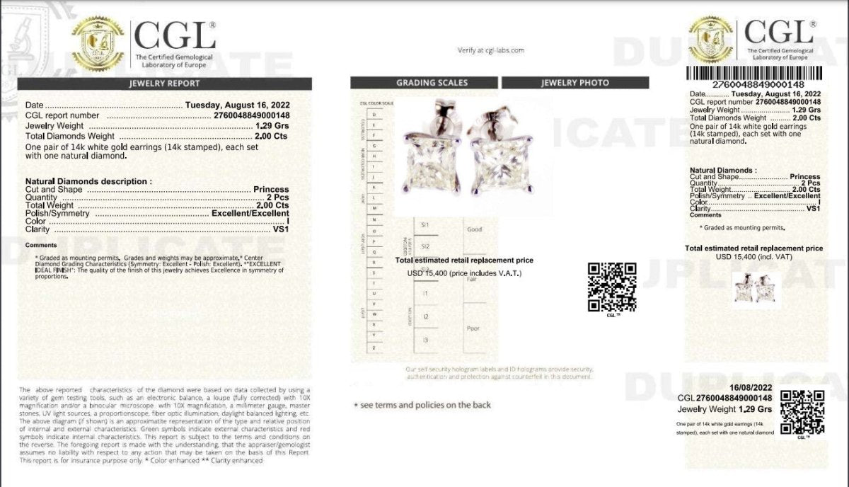Certified 2.00CT Princess Cut Diamond Stud Earrings in 14KT White Gold - Primestyle.com