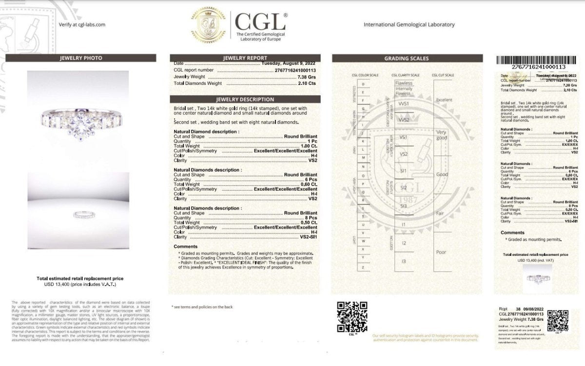 Certified 2.10 CT Round Cut Diamond Bridal Set in 14KT White Gold - Primestyle.com