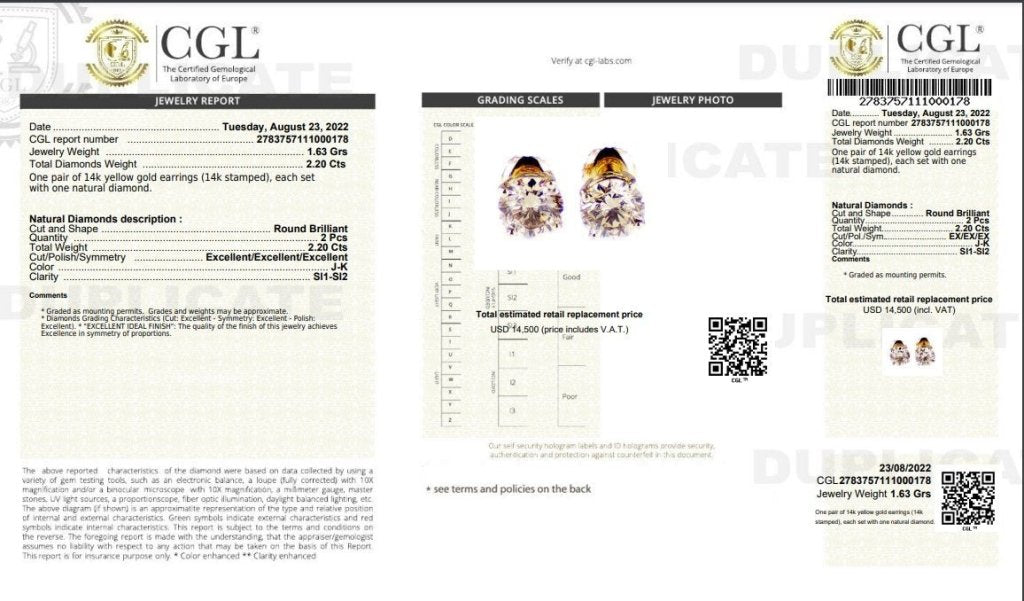 Certified 2.20CT Round Cut Diamond Stud Earrings in 14KT Yellow Gold - Primestyle.com