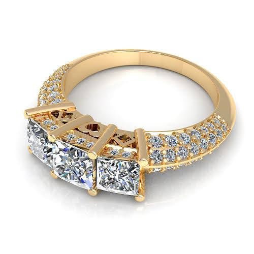 Certified 2.25 CT Princess And Round Cut Diamond Three Stone Ring in 18 KT Yellow Gold