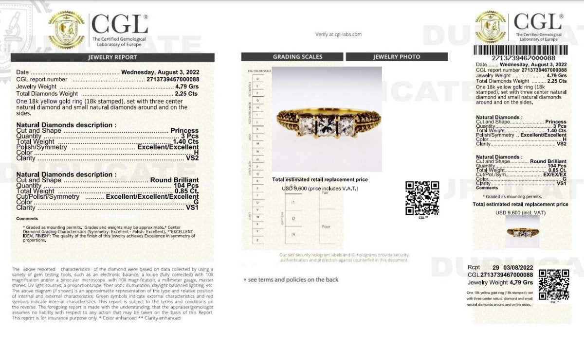 Certified 2.25 CT Princess And Round Cut Diamond Three Stone Ring in 18 KT Yellow Gold