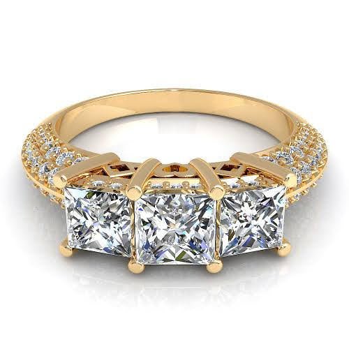 Certified 2.25 CT Princess And Round Cut Diamond Three Stone Ring in 18 KT Yellow Gold