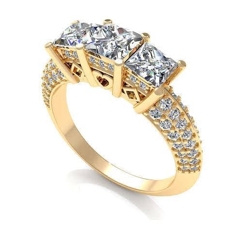 Certified 2.25 CT Princess And Round Cut Diamond Three Stone Ring in 18 KT Yellow Gold