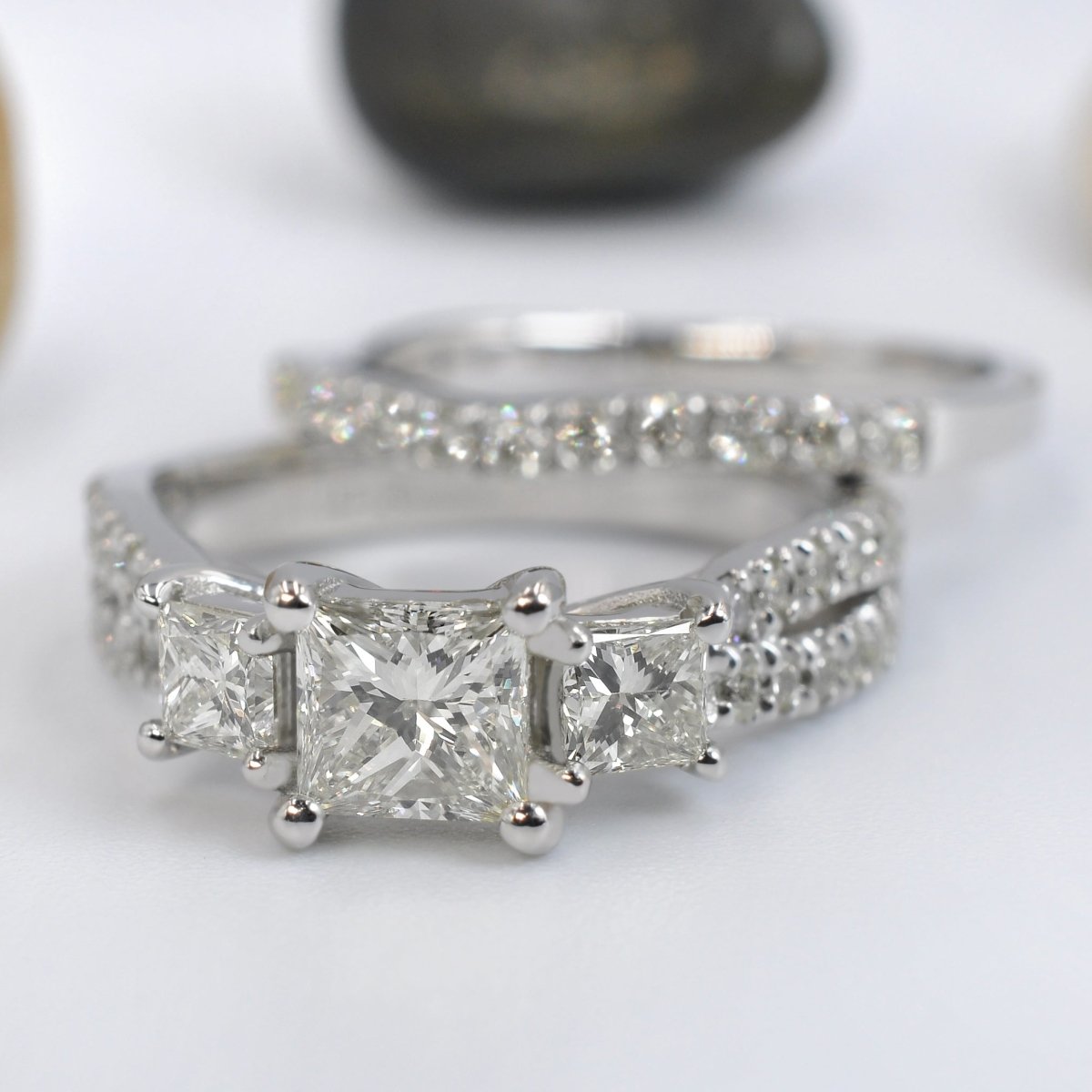 Certified 2.30 CT Round and Princess Cut Diamond Bridal Set in Platinum