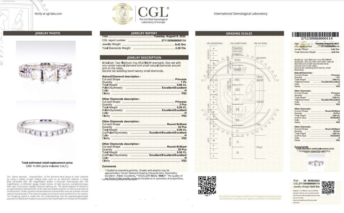 Certified 2.30 CT Round and Princess Cut Diamond Bridal Set in Platinum