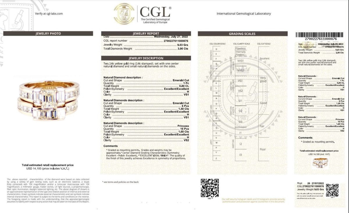 Certified 3.90CT Emerald and Princess Cut Diamond Bridal Set in 14KT Yellow Gold - Primestyle.com