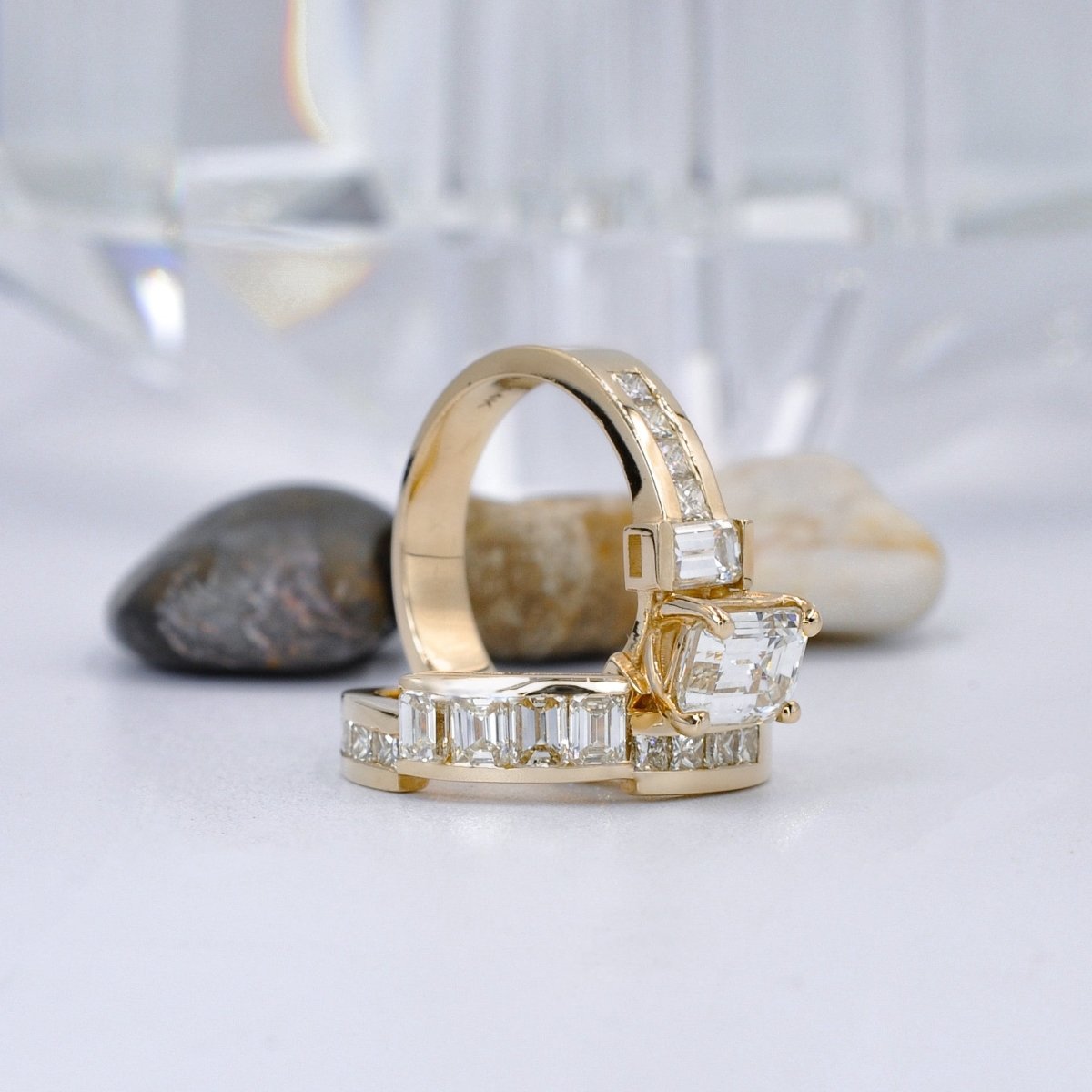 Certified 3.90CT Emerald and Princess Cut Diamond Bridal Set in 14KT Yellow Gold - Primestyle.com