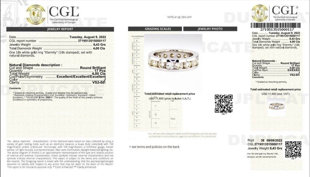 Certified 4.00 CT Round Cut Diamond Eternity Ring in 18KT White Gold