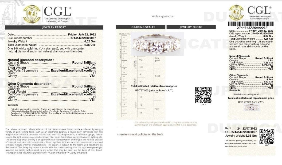 Certified 4.25CT Round Cut Engagement Ring in 14KT White Gold