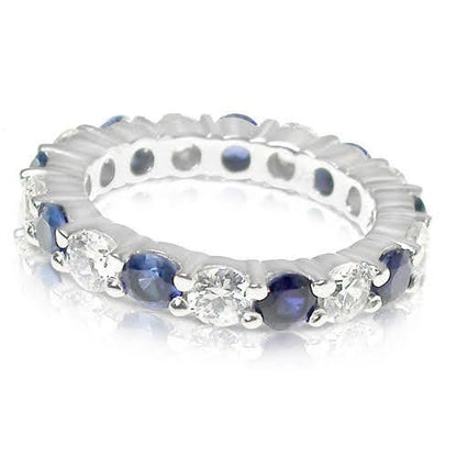 Certified 4.30CT Round Cut Diamond and Blue Sapphires Eternity Ring in Platinum - Primestyle.com