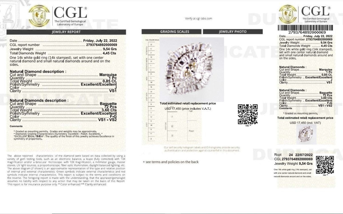 Certified 4.45CT Marquise and Baguette Cut Diamond Engagement Ring in 14KT White Gold - Primestyle.com