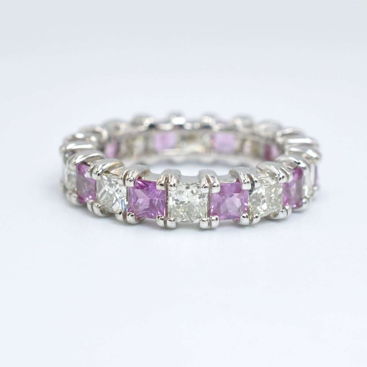 Certified 4.70CT Princess Cut Pink Sapphires & Diamond Eternity Ring in 14KT White Gold