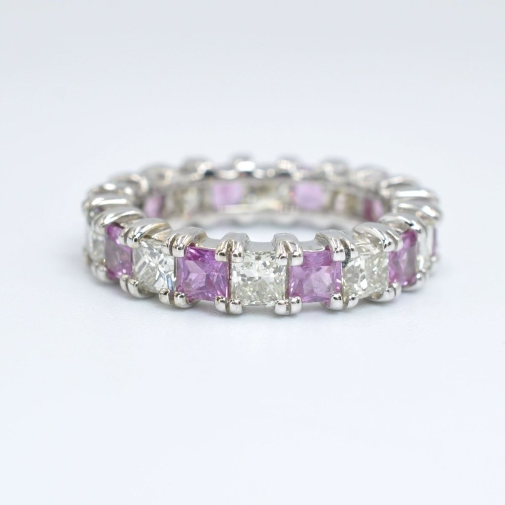 Certified 4.70CT Princess Cut Pink Sapphires & Diamond Eternity Ring in 14KT White Gold