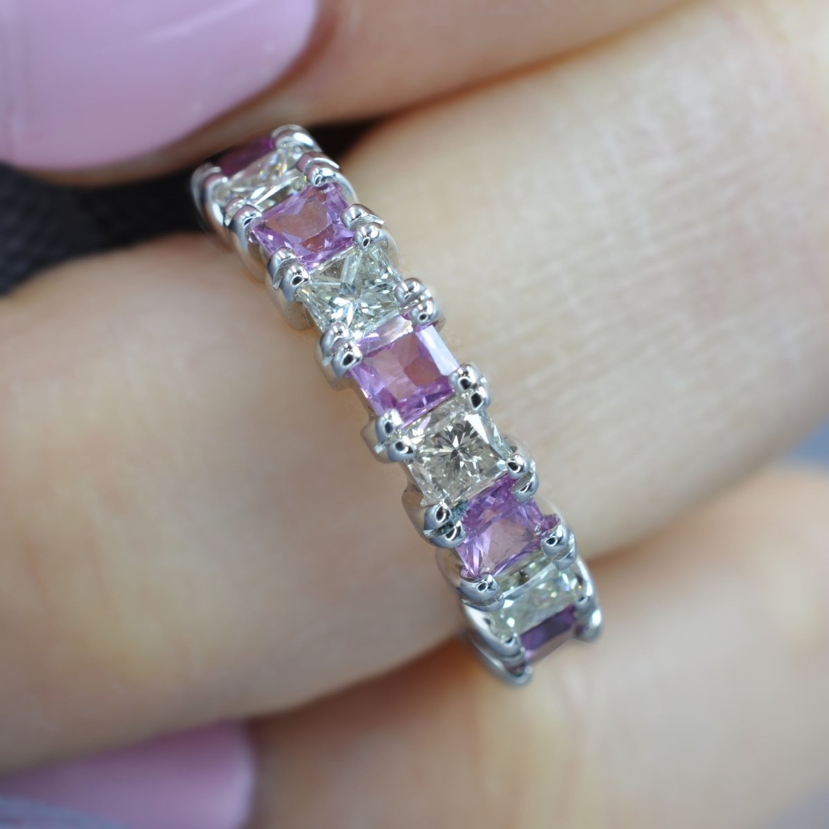 Certified 4.70CT Princess Cut Pink Sapphires & Diamond Eternity Ring in 14KT White Gold - Primestyle.com