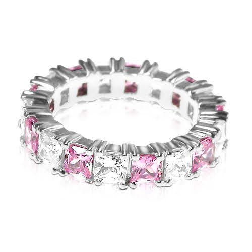 Certified 4.70CT Princess Cut Pink Sapphires & Diamond Eternity Ring in 14KT White Gold