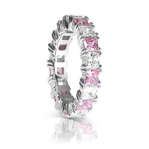 Certified 4.70CT Princess Cut Pink Sapphires & Diamond Eternity Ring in 14KT White Gold