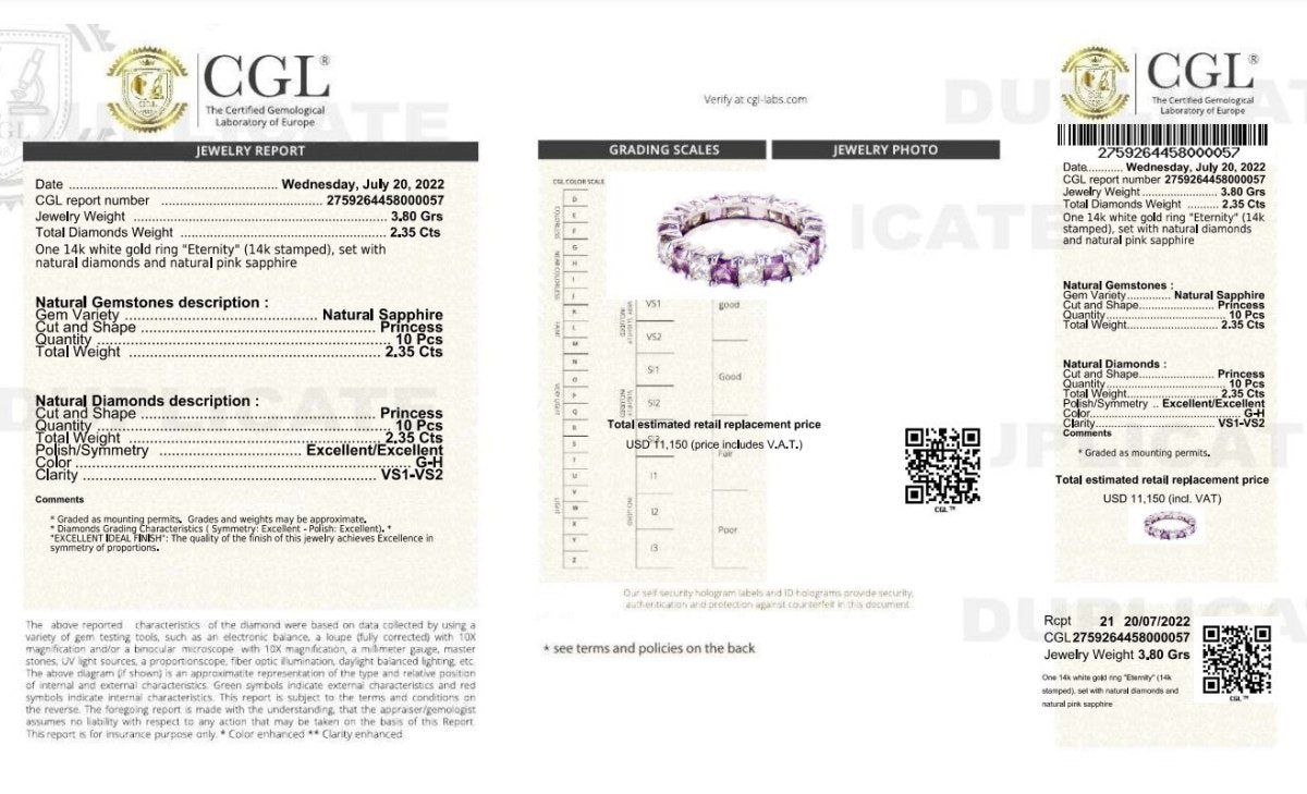 Certified 4.70CT Princess Cut Pink Sapphires & Diamond Eternity Ring in 14KT White Gold