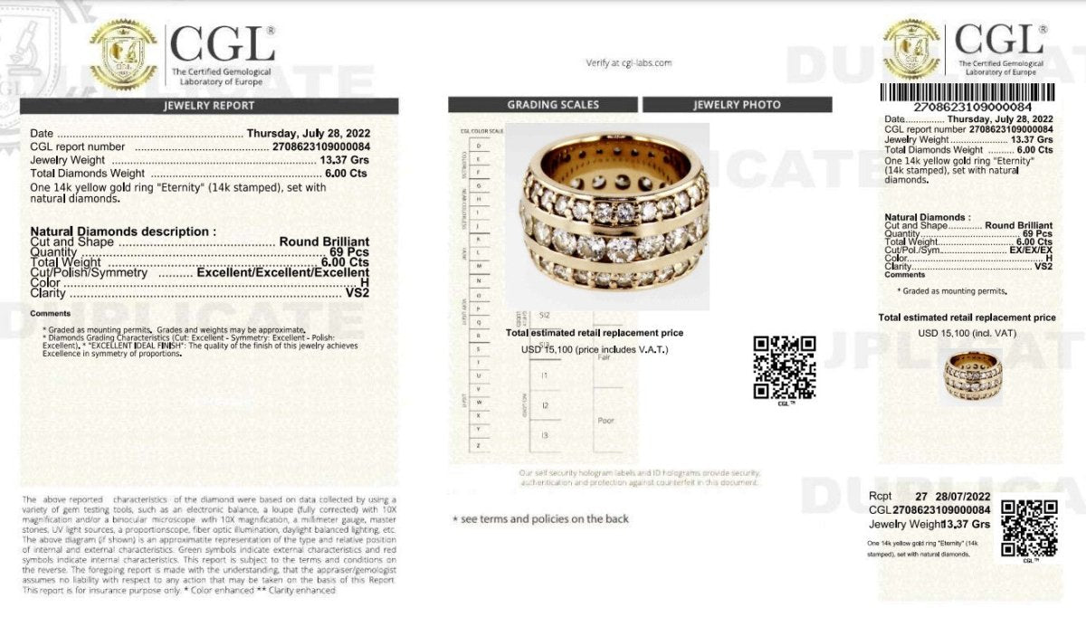 Certified 6.00 CT Round Cut Diamond Eternity Ring in 14KT Yellow Gold