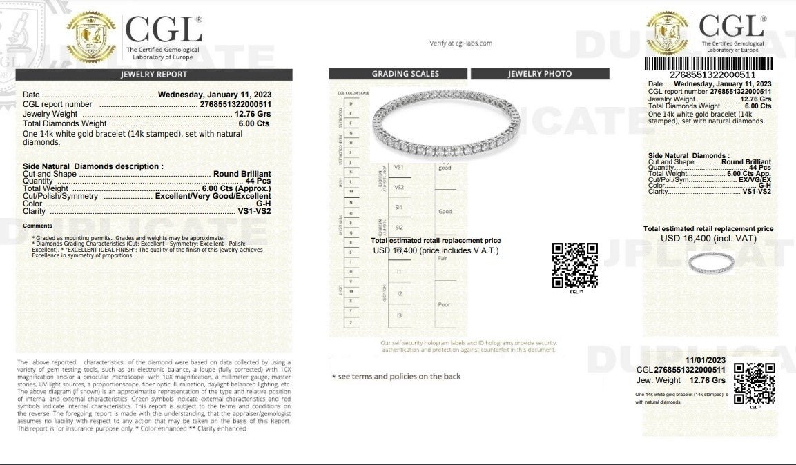 Certified 6.00 CT Round Cut Diamond Tennis Bracelet in 14 KT White Gold - Primestyle.com