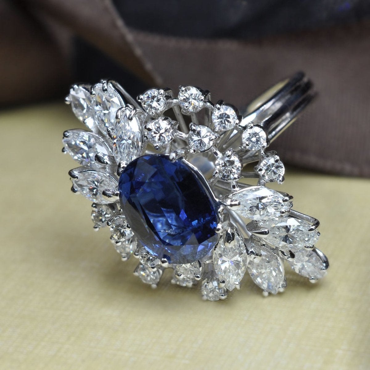 Certified 6.30CT Oval, Round, and Marquise Cut Diamond and Blue Sapphire Engagement Ring in 18KT White Gold - Primestyle.com