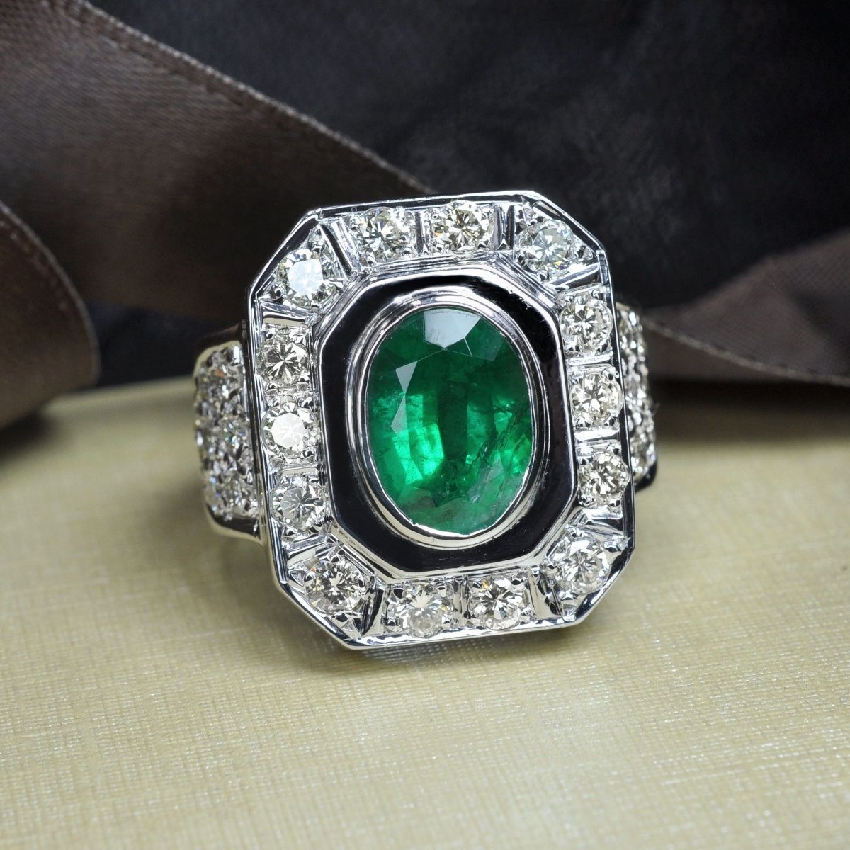 Certified 6.50CT Round and Oval Cut Diamond and Green Emerald Mens Ring in 14KT White Gold