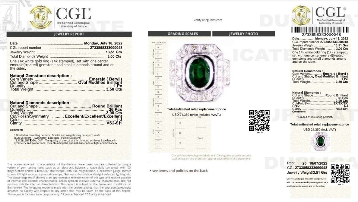 Certified 6.50CT Round and Oval Cut Diamond and Green Emerald Mens Ring in 14KT White Gold