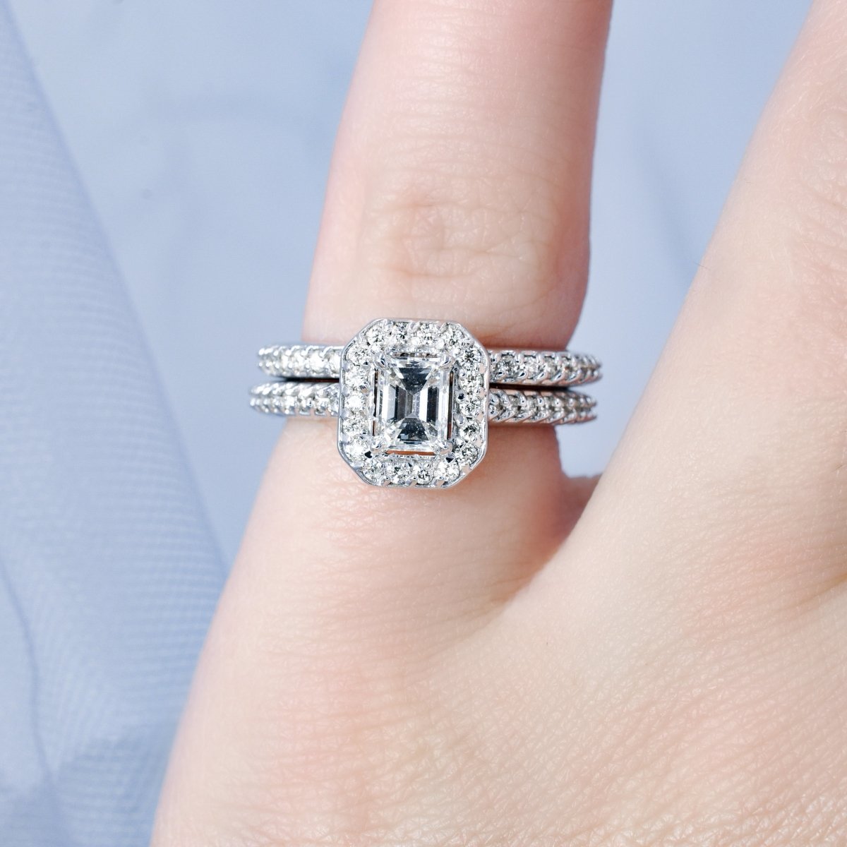 Chic 1.00 CT Diamond Emerald and Round cut Bridal Set in 14 KT White Gold