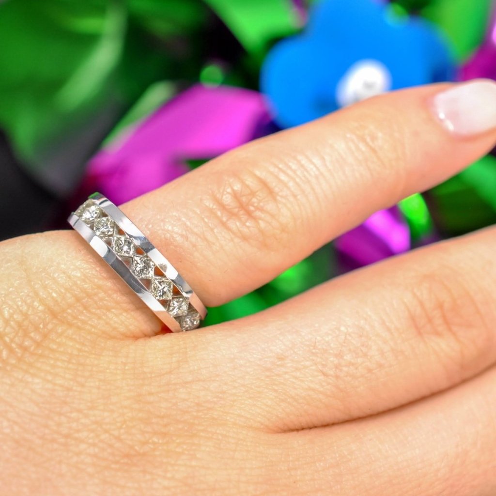 Classy 0.90CT Princess Cut Diamond Wedding Band in 14KT White Gold