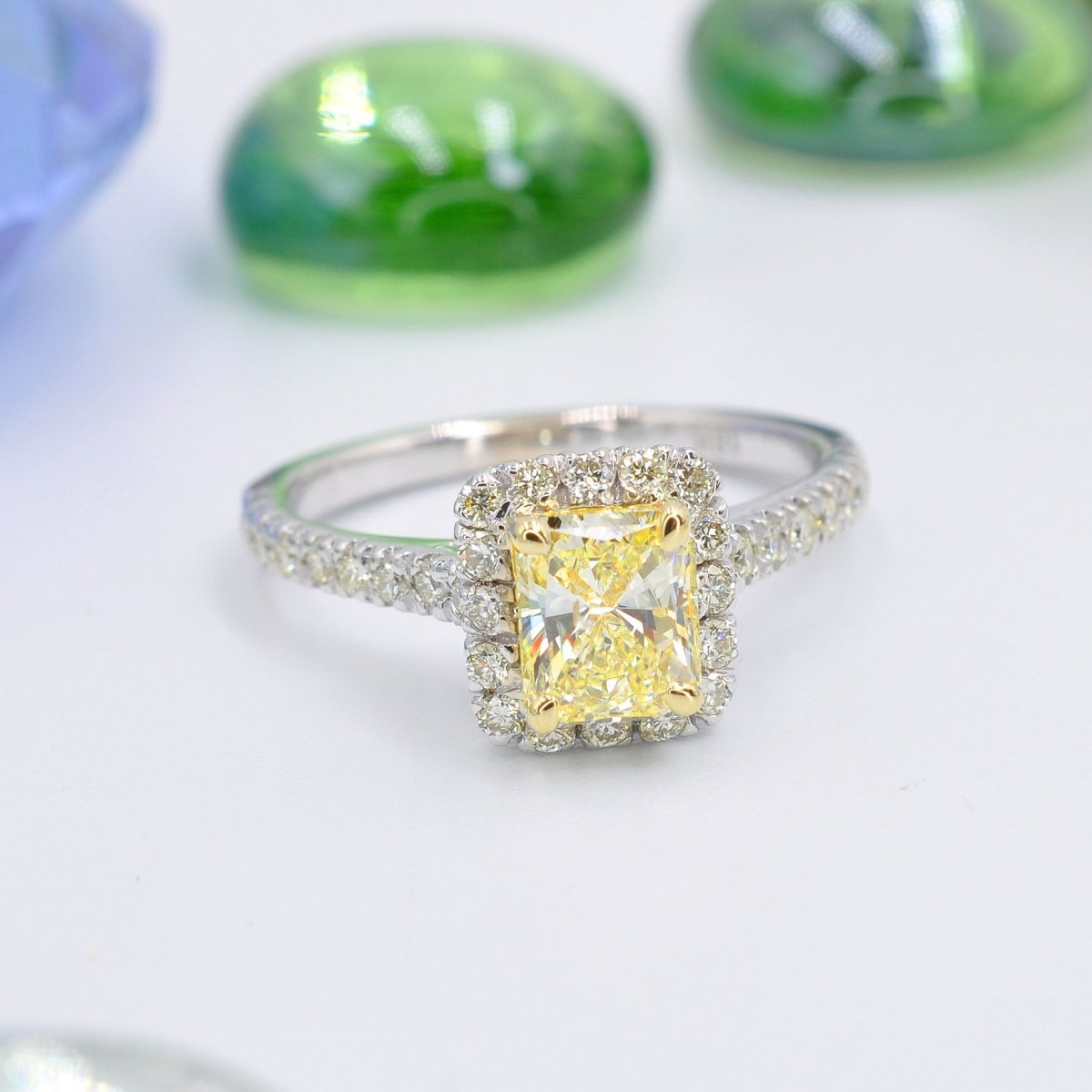Classy 1.62CT Radiant and Round Cut Diamond Engagement Ring in 18KT Two Tone Gold
