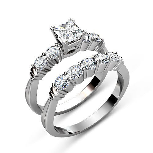 Cost-Effective 1.55CT Princess and Round Cut Diamond Bridal Set in 14KT White Gold - Primestyle.com