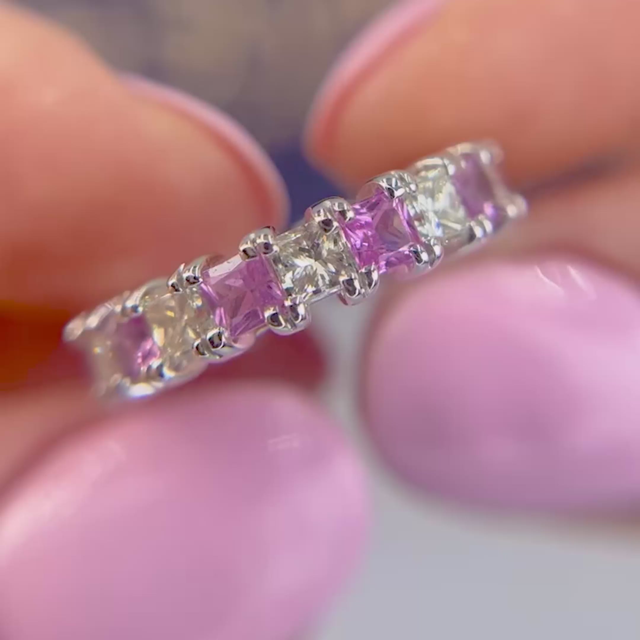 Certified 4.70CT Princess Cut Pink Sapphires & Diamond Eternity Ring in 14KT White Gold