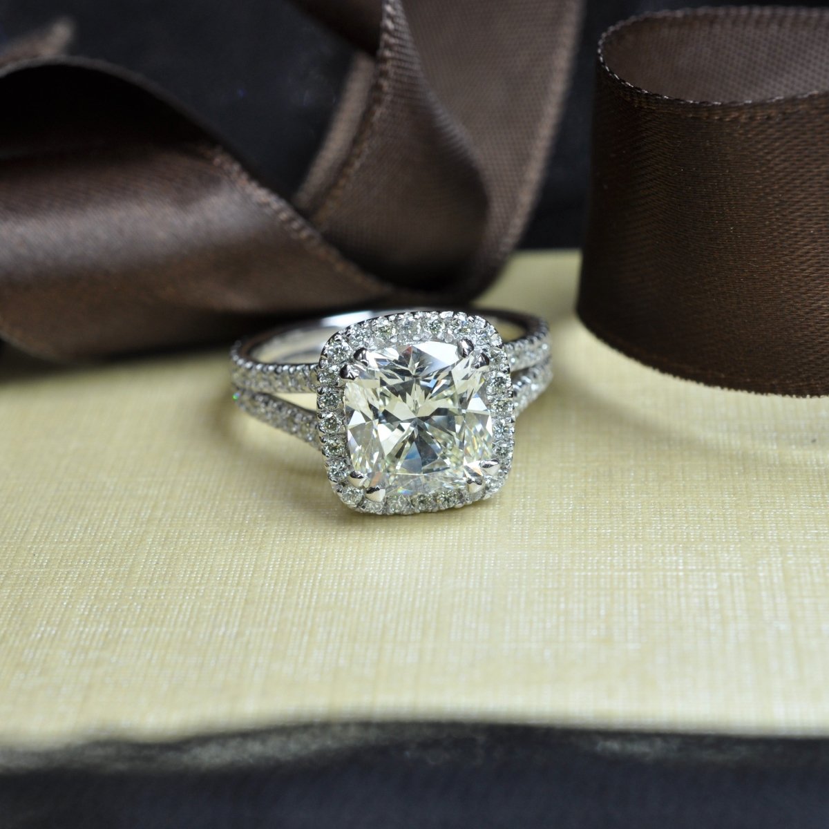 Elegant 3.86 CT Cushion and Round Cut Diamond Engagement Ring in Platinum