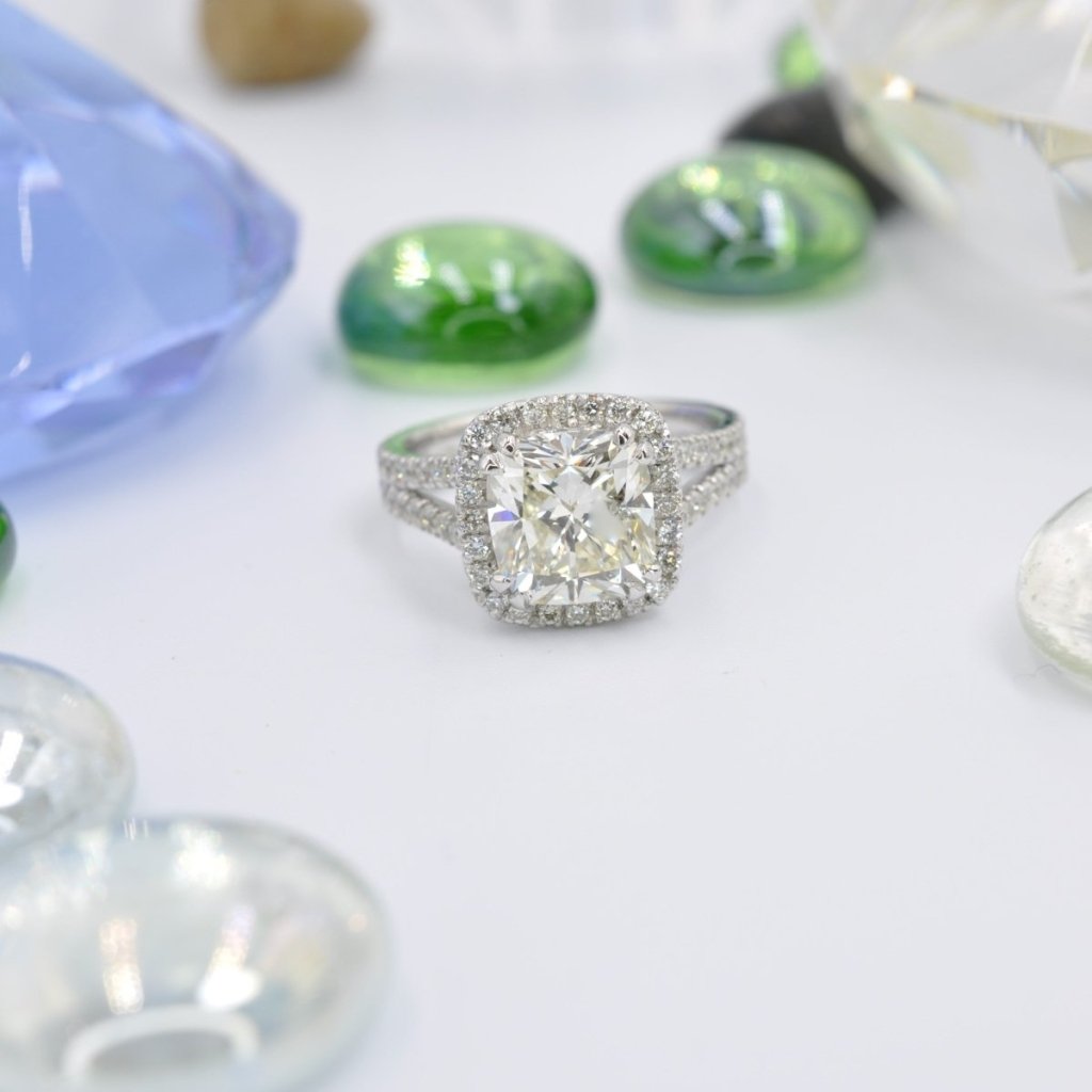 Elegant 3.86 CT Cushion and Round Cut Diamond Engagement Ring in Platinum