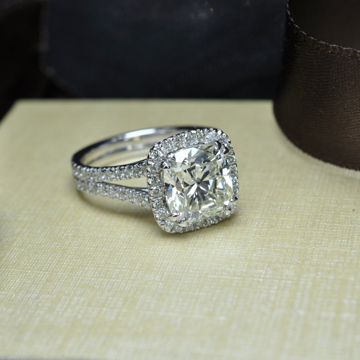 Elegant 3.86 CT Cushion and Round Cut Diamond Engagement Ring in Platinum