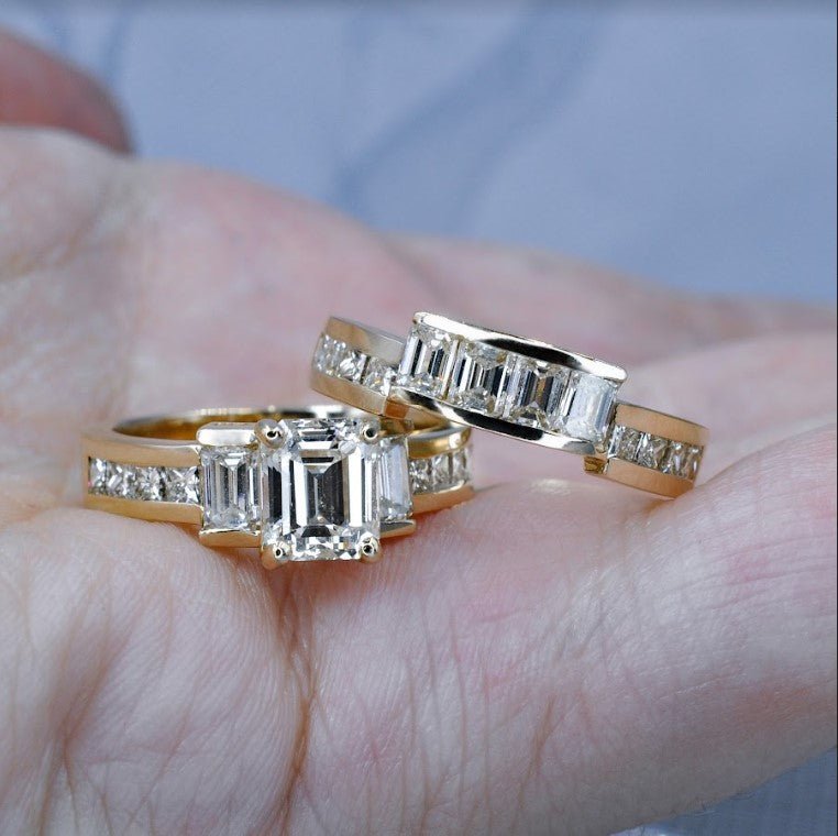 Elegant 4.20CT Emerald and Princess Cut Diamond Bridal Set in 14KT Yellow Gold - Bridal Set - Primestyle.com