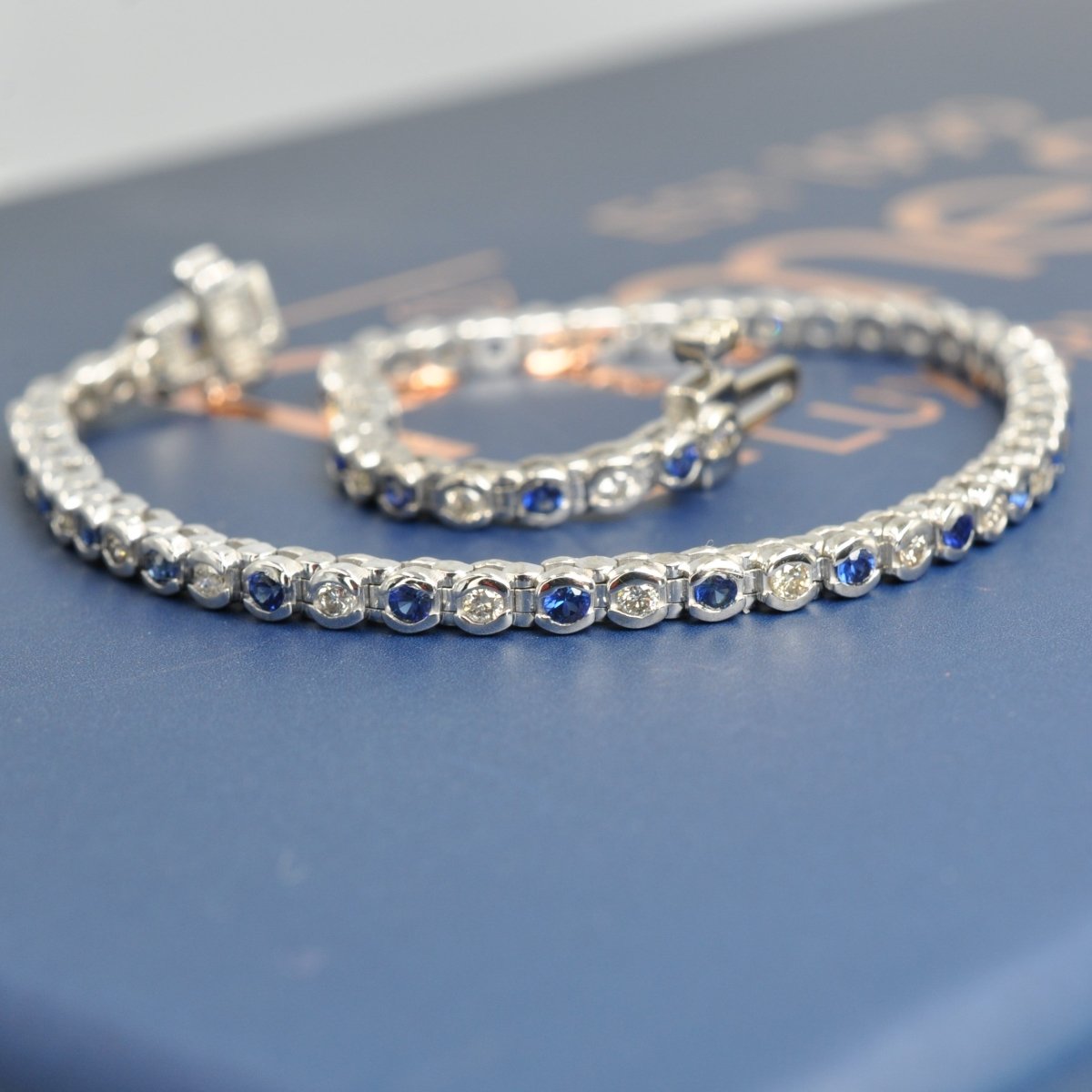 Enchanting 1.00 CT Round Cut Blue Sapphire and Diamond Color Stones Bracelet in 14KT White Gold - Primestyle.com