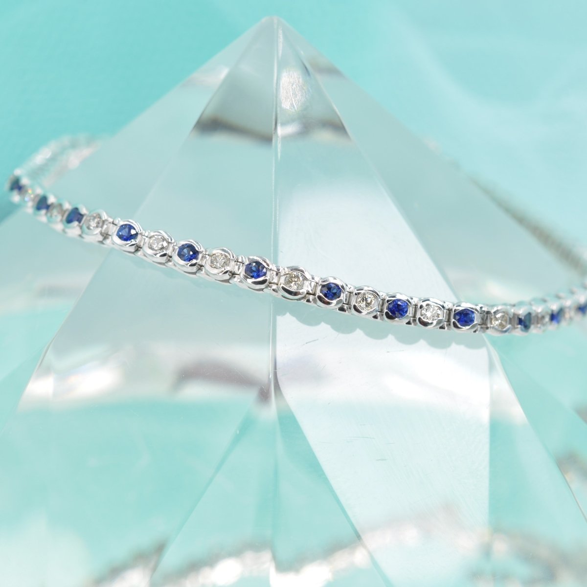 Enchanting 1.00 CT Round Cut Blue Sapphire and Diamond Color Stones Bracelet in 14KT White Gold