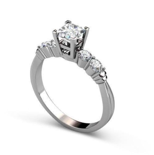 Exquisite 1.00 CT Princess and Round Cut Diamond Engagement Ring in 18KT White Gold PSRI1329 - Primestyle.com