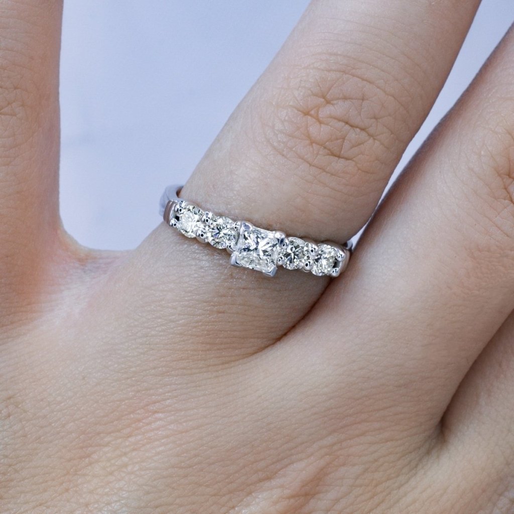 Exquisite 1.00 CT Princess and Round Cut Diamond Engagement Ring in 18KT White Gold PSRI1329