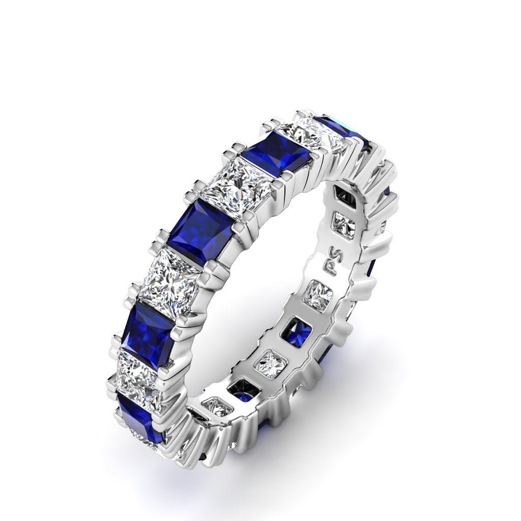 Exquisite 4.70CT Princess cut Diamonds and Blue Sapphires Eternity Ring in 18KT White Gold - Primestyle.com