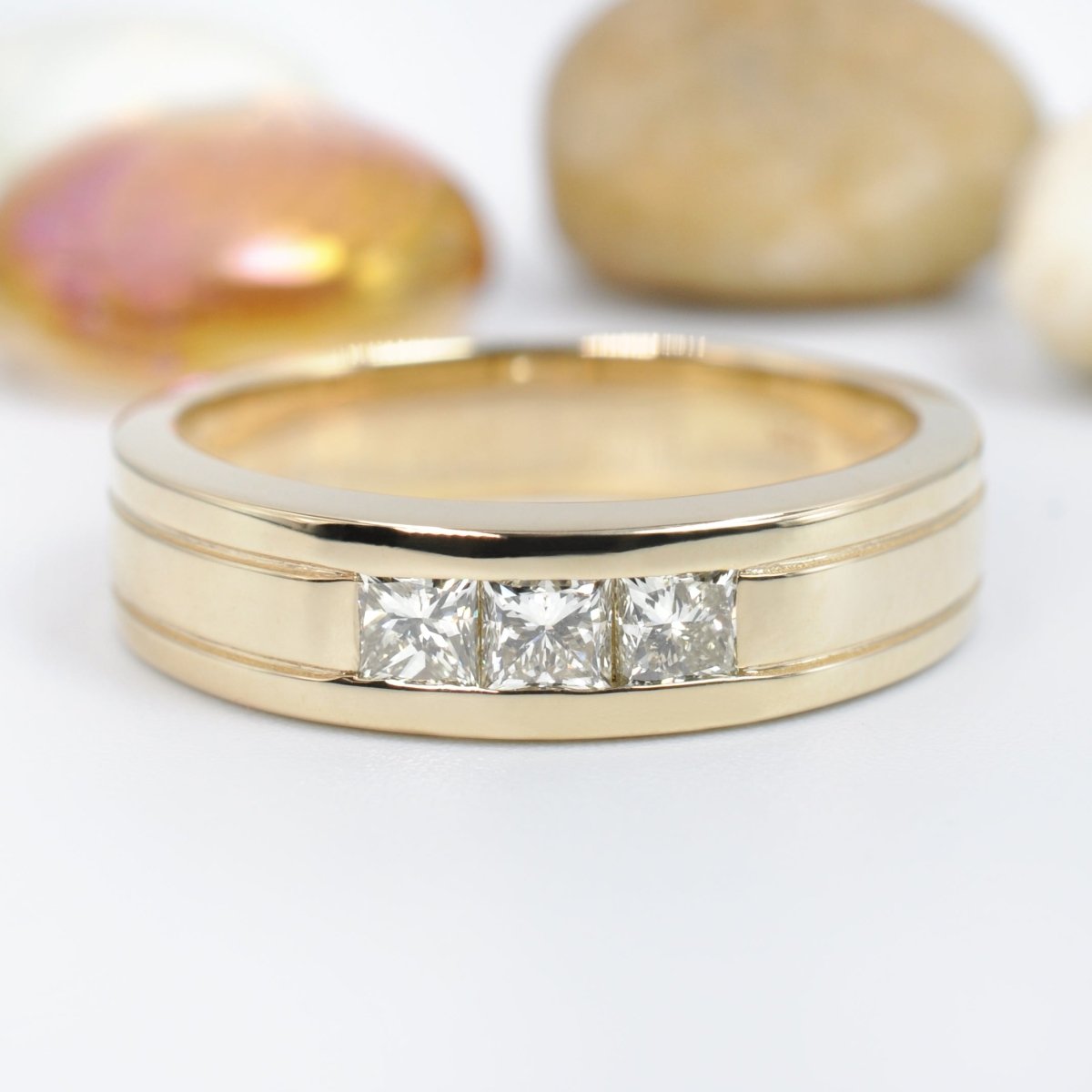 Extravagant 0.90 CT Princess Cut Diamond Mens Wedding Band in 14KT Yellow Gold