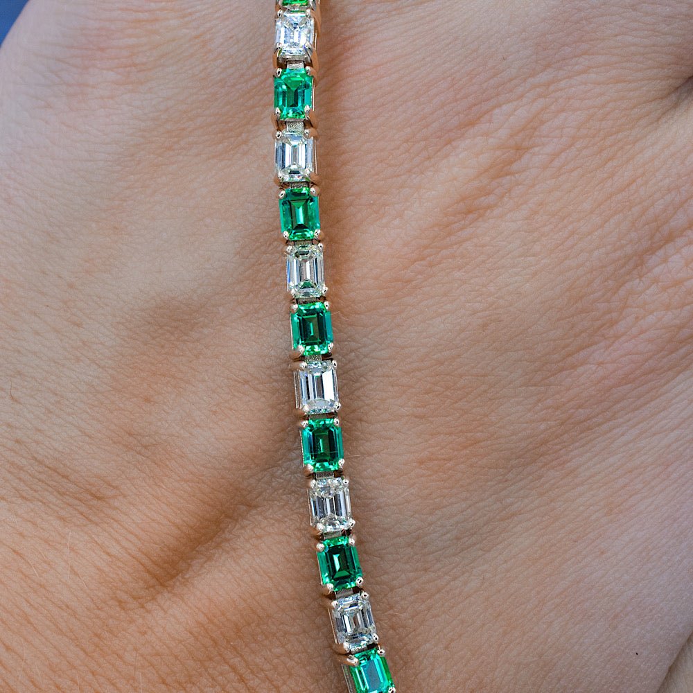 Extravagant 8.00CT Emerald Cut Diamond and Green Emerald Tennis Bracelet in 14KT Yellow Gold