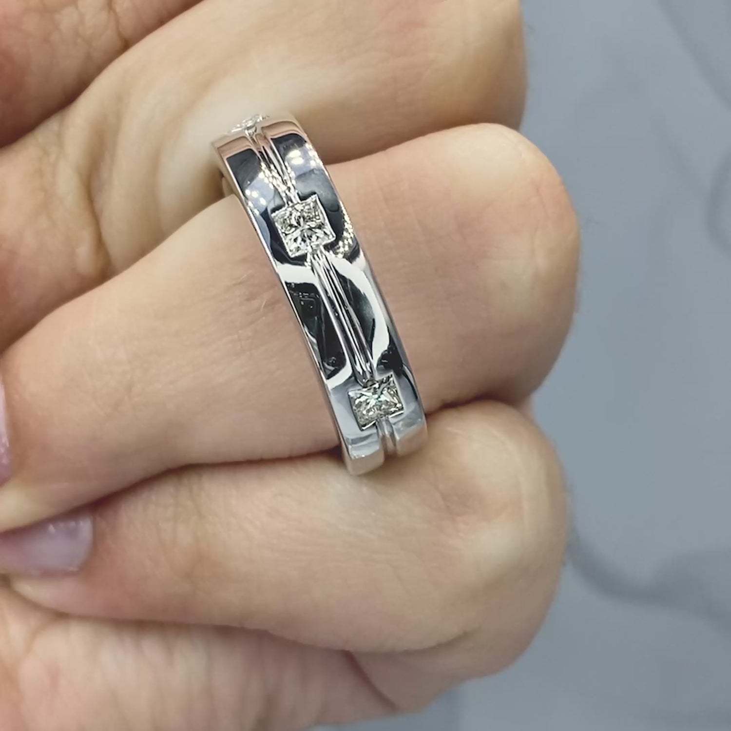 Fabulous 0.75 CT Princess Cut Diamond Mens Wedding Band in 14 KT White Gold - Mens Wedding Band