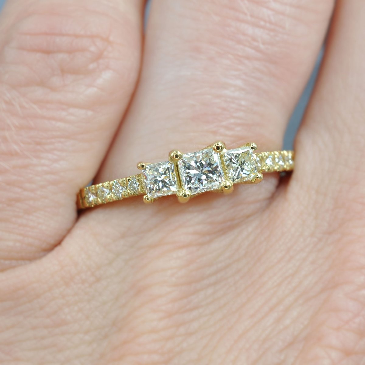 Fashionable 1.10 CT Princess and Round Cut Diamond Three Stone Ring in 18 KT Yellow Gold - Primestyle.com