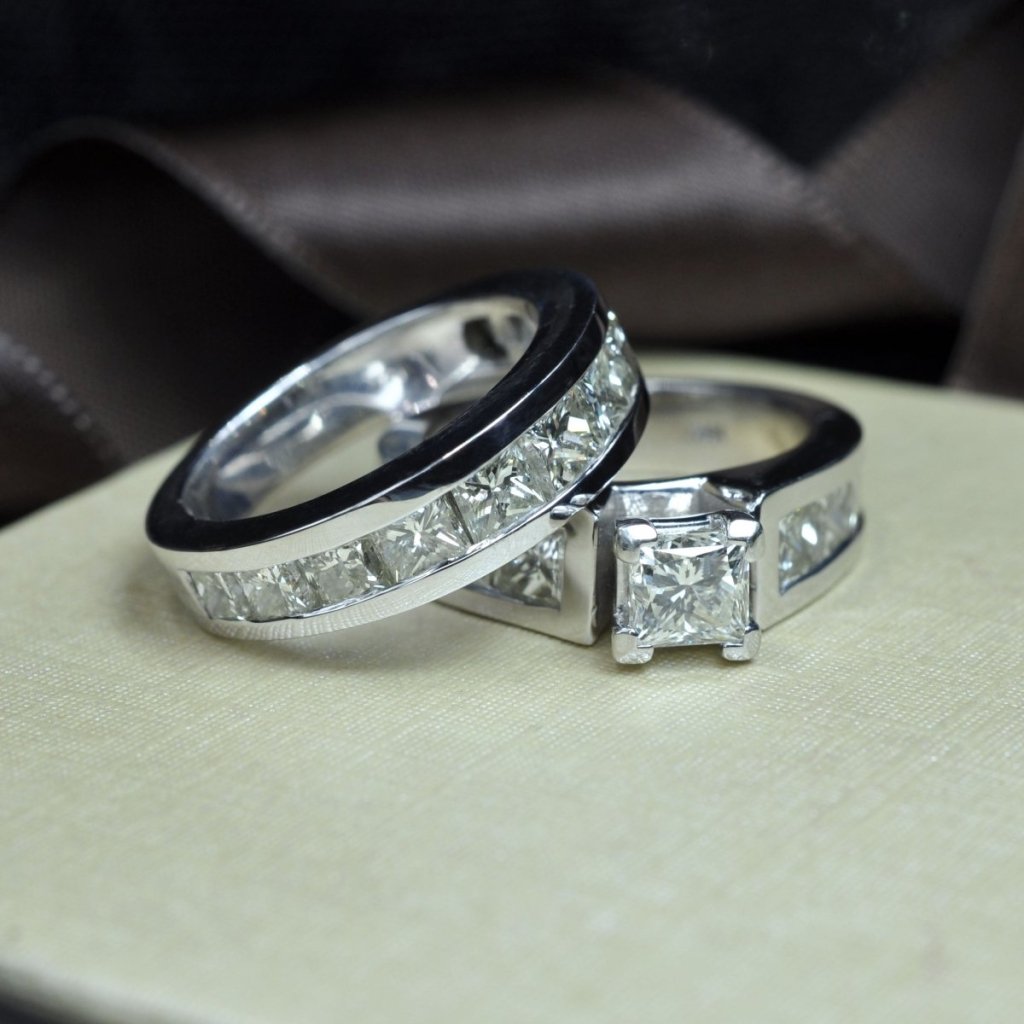 Fashionable 5.90 CT Princess Cut Diamond Bridal Set in 14 KT White Gold - Primestyle.com