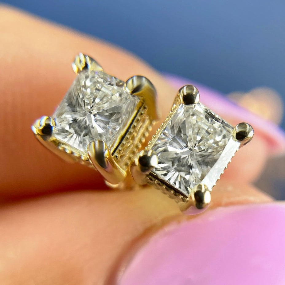 Glistening 1.00 CT Radiant Cut Diamond Stud Earrings in 14KT Yellow Gold - Primestyle.com