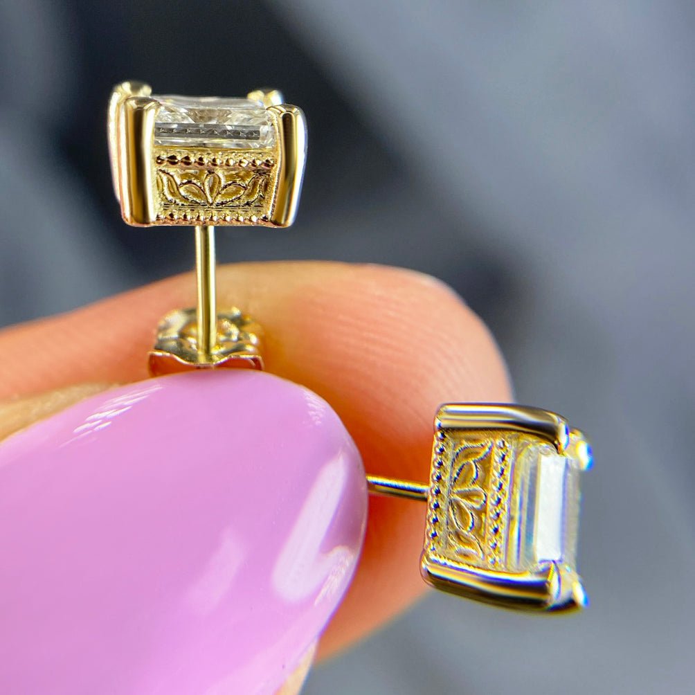 Glistening 1.00 CT Radiant Cut Diamond Stud Earrings in 14KT Yellow Gold - Primestyle.com